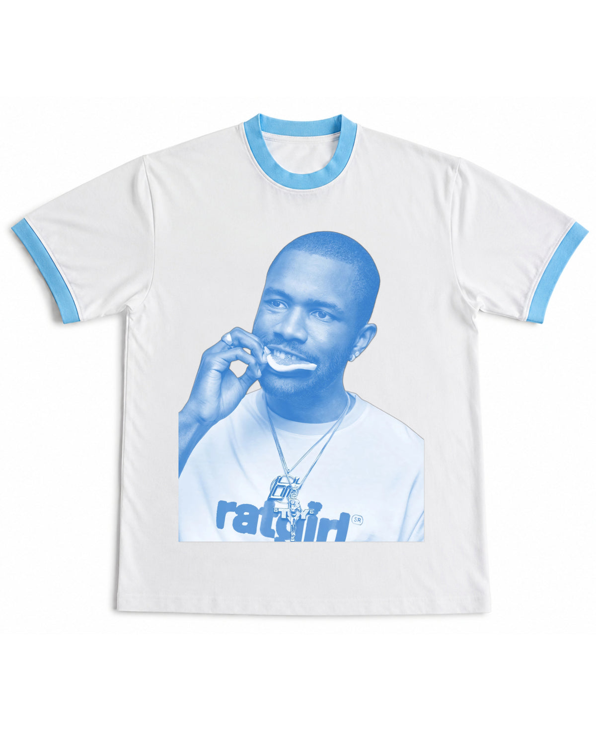 White & Sky Blue Ringer tee Front Design